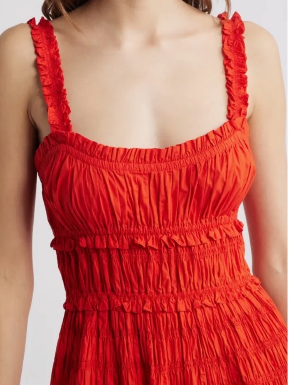 Doen Marianne Dress Red Orange Ruche Dress sz M *AS IS* - Picture 3 of 15